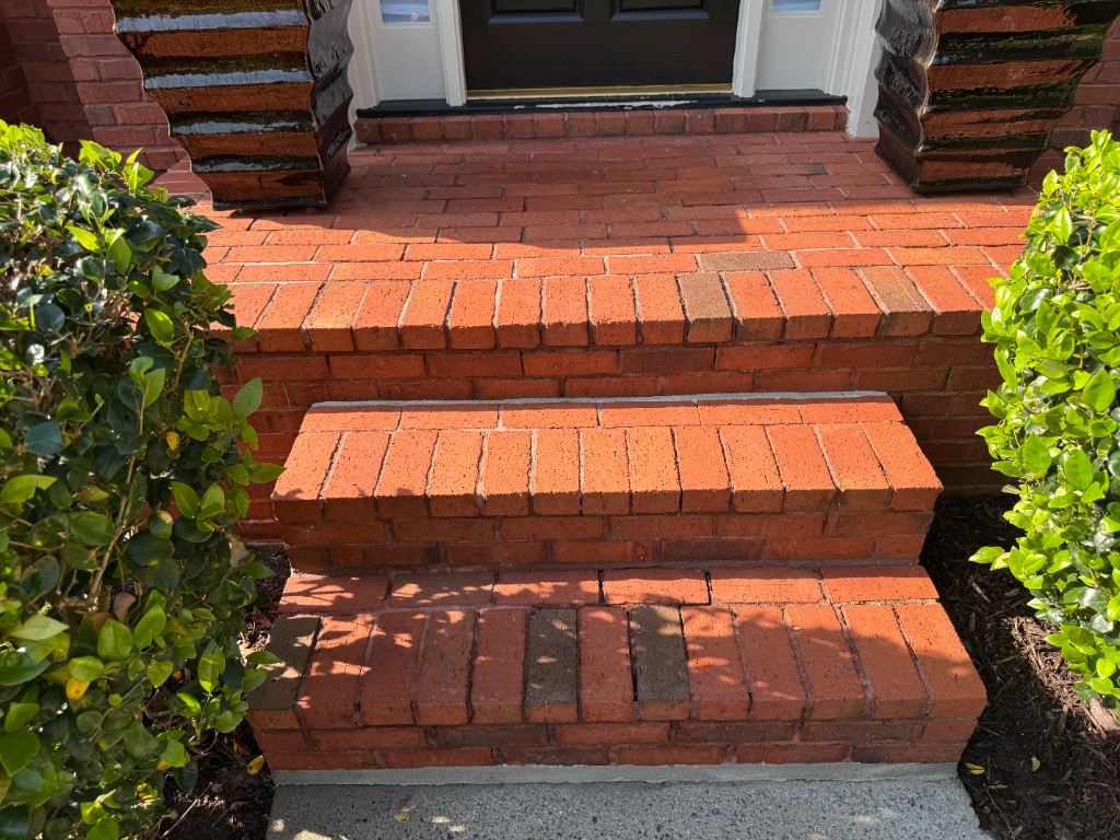 After brick and paver wash: brighter pavers and steps with grime removed