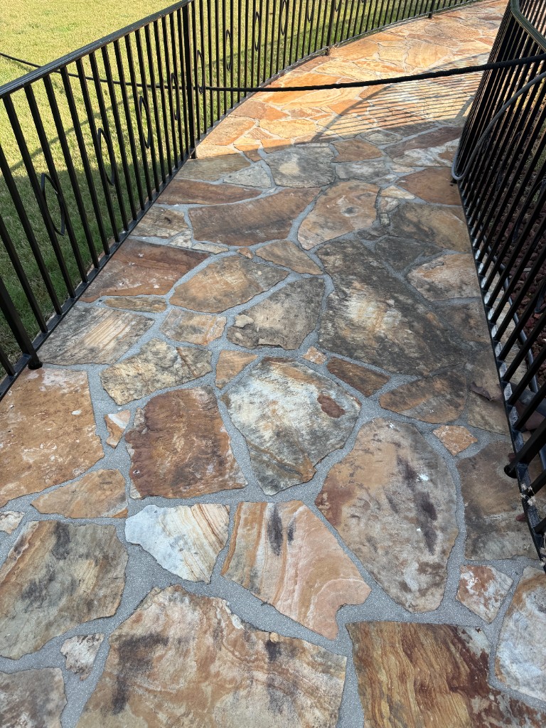 Before pressure washing: flagstone path with dull stone, stained joints, and hose on walkway