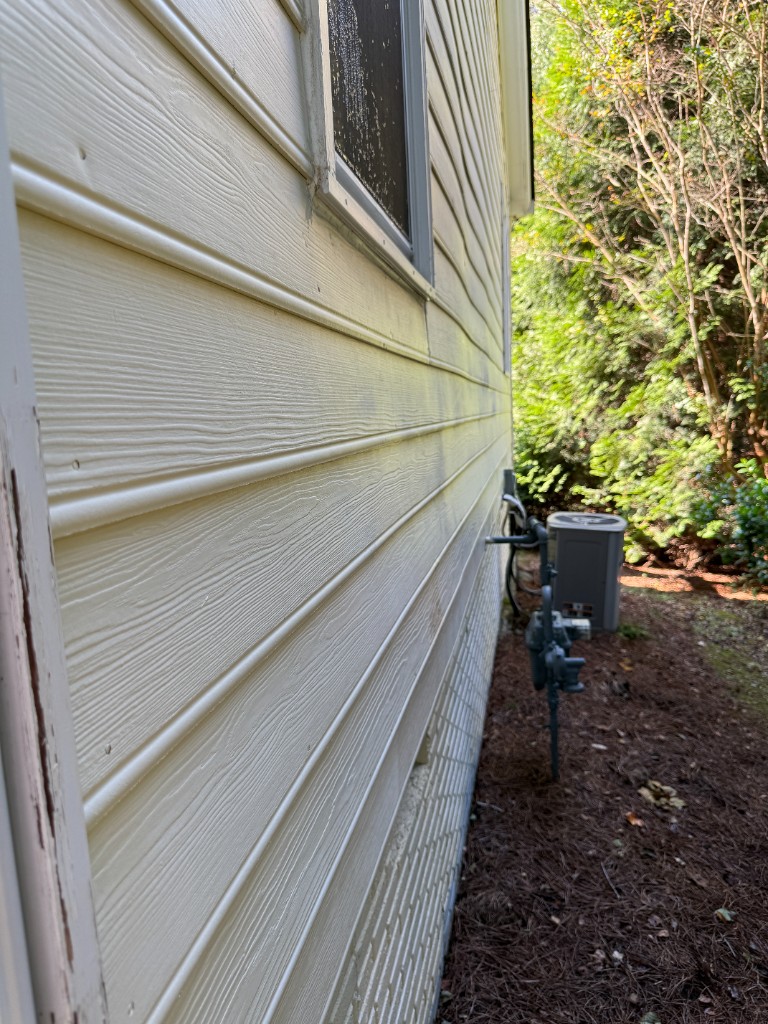 Before house siding soft wash: algae and grime streaks on siding
